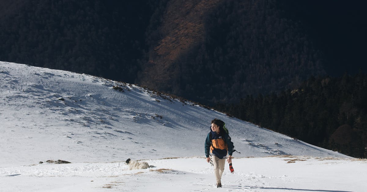 Randonneur anonyme se promenant sur un terrain enneigé en montagne