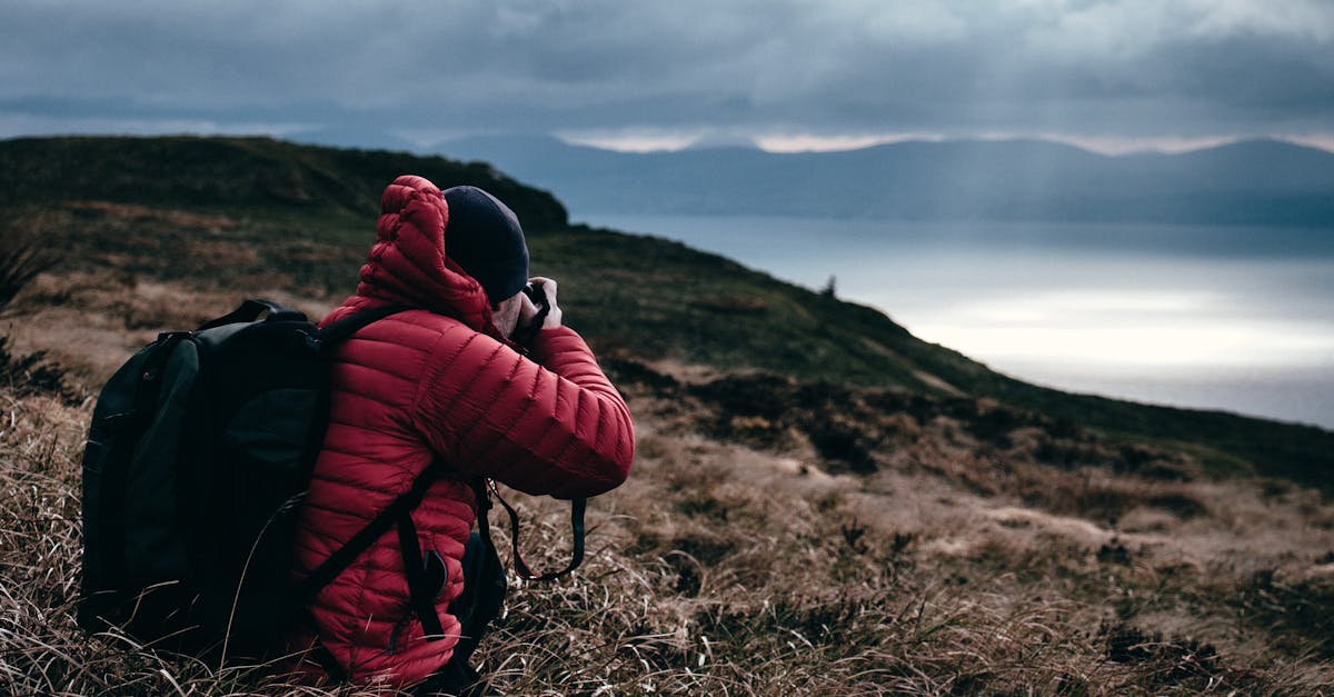 Personne en sweat à capuche rouge prenant une photo de la nature sauvage.
