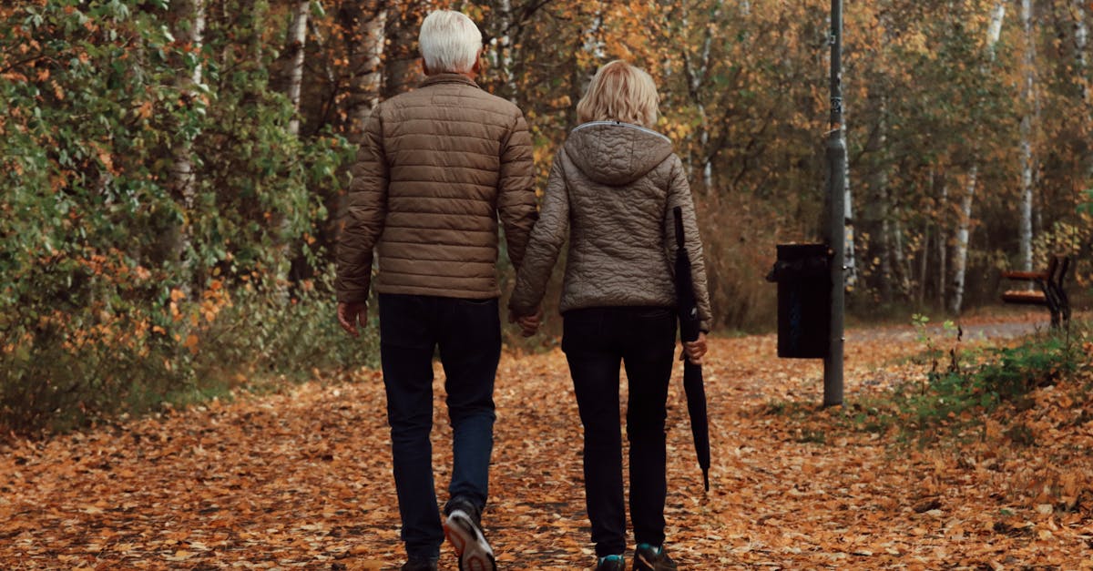 Un couple âgé se promène paisiblement dans un parc boisé à Jönköping, en Suède, durant l'automne.