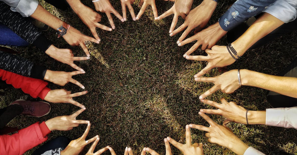 Un groupe diversifié de mains formant une étoile dans un cercle sur un sol herbeux, symbolisant l'unité.